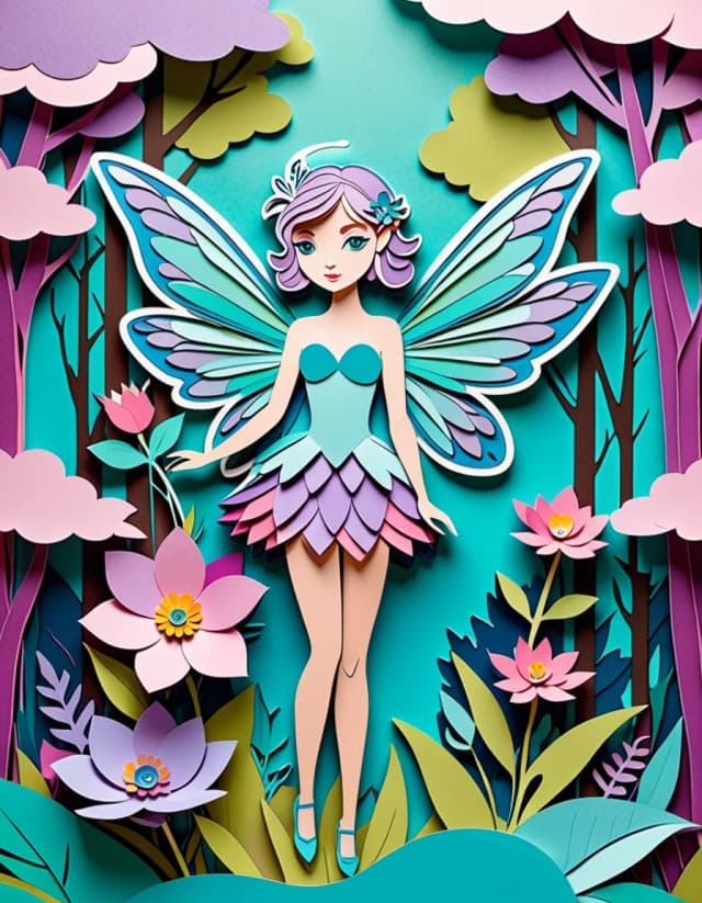 A masterpiece.  Image. Three-dimensional multi-layered paper cutout with the image of a fairy on a flower with clear facial features and expressive eyes against a forest background, multi-layered paper work, a bright palette of lilac, pink, turquoise and shades of blue, high detail, clear edges, clear paper textures, soft shadows between layers, three-dimensional composition, 3D depth, studio lighting, author's style, 8k resolution. High detail and clear texture. High quality. Increased attention to small details. The artist is Russ Mills.