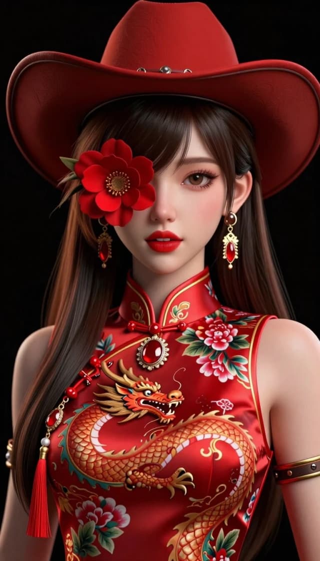 ultra realistic,masterpiece,high detailed skin,best quality,high res,highly detailed costumes,(finely detailed face),(no mask:1.1),
(high_contrast:1.3),ultra-sharp details, crisp edges, high definition, sharp focus, no blur, intricate texture clarity,3D rendering, photorealistic 3D, Blender render, Cinema 4D style, 3D model, volumetric lighting,
, 1girl, solo, cowboy shot, front facing, long hair, looking at viewer, bangs, brown hair, black hair, hair ornament, brown eyes, dress, brown eyes, jewellery, upper body, flower, earrings, parted lips, teeth, hair flower, hair over one eye, lips, eyelashes, makeup, swept bangs, animal, chinese clothes, floral print, red dress, lipstick, black background, red flower, gem, tassel, portrait, china dress, dragon, red lips, chinese zodiac, eastern dragon,