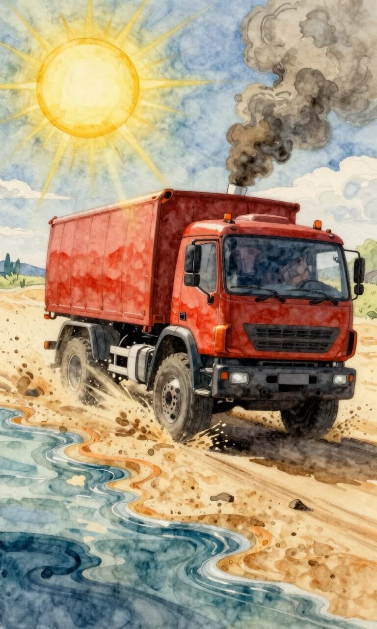 Watercolor cartoon reality, Vrubel + Bilibin style. A car drives on sand near water. A large truck. Large handfuls of sand fly out from under the wheels. The sun is shining brightly. The sun's rays reflect off the metal parts of the car. The car's cabin is a mirror-red color. Water and sand fly out from under the wheels. A strong gray-beige smoke comes out of the car's exhaust pipe. The truck is driving at high speed.