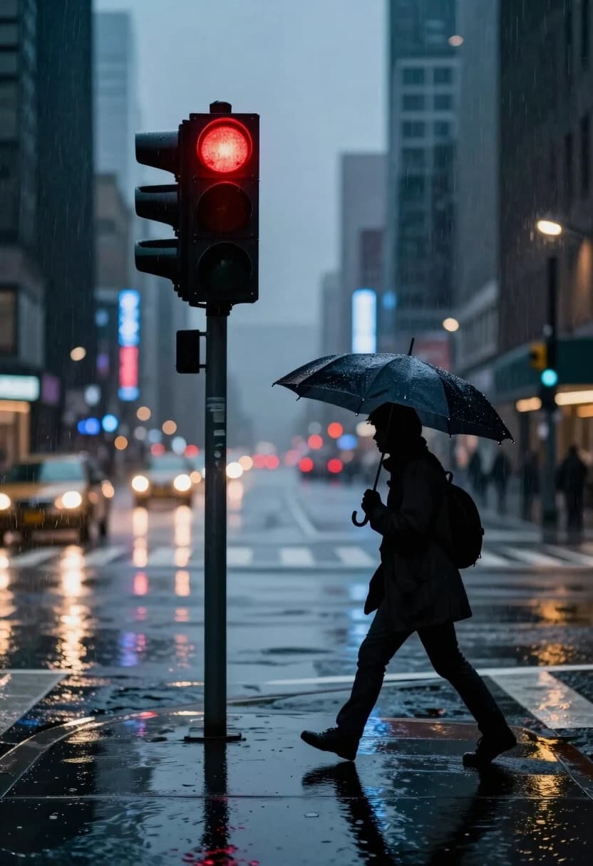 Realistic cinematic photograph, 24mm wide-angle lens, f/4, rainy evening. A city intersection under a heavy drizzle: the red traffic light glows sharply against the dark sky, its reflection spreading in long streaks across the wet asphalt. In the foreground, a pedestrian’s silhouette is frozen mid‑step, caught in the decision to wait; the person’s umbrella is tilted, raindrops captured in mid‑air. The background is a soft blur of neon signs and car headlights, bokeh glowing in cool blues and warm yellows. The red light dominates the frame, creating strong contrast and tension. High detail: water droplets on glass, texture of wet pavement, fabric of the coat, subtle steam rising from the street. Mood: suspenseful, urban, atmospheric.
Keywords: red traffic light, rainy city street, wet pavement reflections, cinematic realism, dramatic contrast, atmospheric mood, detailed textures, sense of pause and anticipation.
