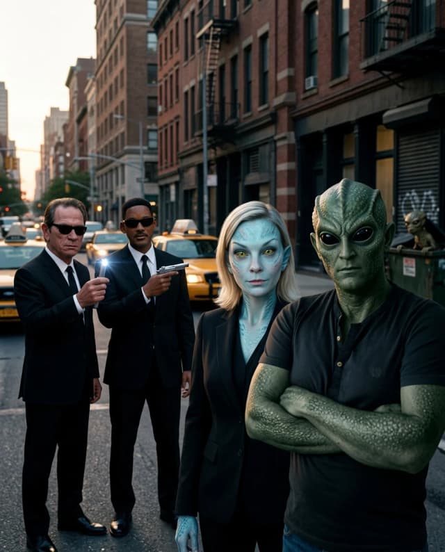 Cinematic film still from "Men in Black", hyper-realistic movie shot. A composition featuring two characters: a man and a woman transformed into extraterrestrial beings with subtle, high-detail alien textures, alongside Will Smith and Tommy Lee Jones dressed as iconic Men in Black agents in black suits and sunglasses. The aliens and the agents are captured in a single, seamless frame with perfect anatomical proportions and realistic body scales. Natural cinematic lighting with soft shadows, high-end film grain, and professional color grading. The environment is a highly detailed urban sci-fi setting. Masterpiece quality, 8k resolution, shot on 35mm lens, photorealistic skin textures, seamless integration of characters, no compositing artifacts, authentic movie atmosphere, sharp focus, volumetric lighting.