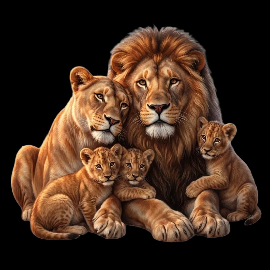 Draw a touching scene: a lion family, closely pressed against each other, conveys a sense of love, understanding, warmth, and affection. In the center is the father lion, next to him is the mother lioness, and on either side are three small lion cubs. The lions are looking at the viewer; their gazes are filled with tenderness and care. The lions’ fur is depicted in detail: soft highlights in golden‑red shades, delicate reflections. The background is transparent. Style: realistic digital painting, high level of detail, cinematic lighting, 8K.