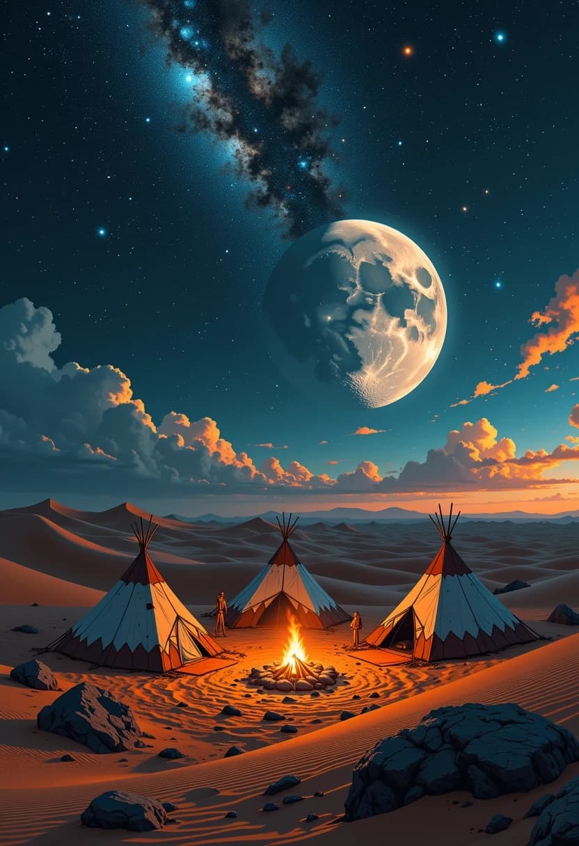 Cinematic wide shot of a vast, silent nocturnal desert landscape under a celestial sky. In the far distance, a nomadic desert tribe's camp is nestled among rolling sand dunes, featuring primitive tents crafted from weathered animal hides. A warm, flickering orange glow emanates from a central campfire, casting long, dancing shadows and creating a sense of life amidst the void. Above, the sky is a breathtaking cosmic masterpiece: a brilliant, swirling Milky Way galaxy stretches across the firmament, accompanied by a colossal, luminous full moon that bathes the dunes in ethereal silver light. High-detail digital painting style, reminiscent of epic fantasy concept art. Dramatic chiaroscuro lighting with the contrast between the cool moonlight and the warm firelight. Deep blues, violets, and golden amber color palette. Intricate textures of sand grains, hide patterns, and stardust. Serene, mystical, and awe-inspiring atmosphere.