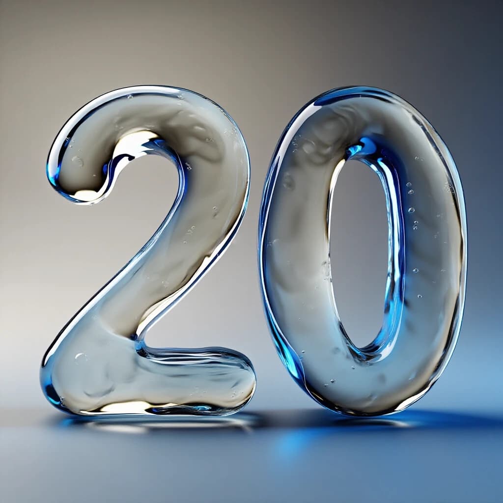 The number “20”, created using 3D rendering, is made of a transparent, shiny liquid that looks like water or gel. The letter appears slightly viscous, with smooth, organic curves and barely noticeable air bubbles inside. The surface reflects soft highlights, creating a hyper‑realistic and fresh image. The background is a gradient of gray and blue, which emphasizes the purity and transparency of the liquid form. Soft, diffused lighting. Deep shadows cast by the number “20” on the mirrored surface. Ultra‑detailed, photorealistic rendering in 8K resolution.