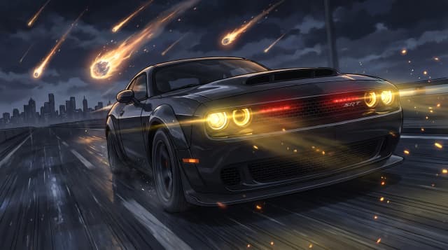 Dodge Challenger SRT Demon 170, чёрный окрас, едет по ночной дороге, эпичный ракурс, горящие фары, на фоне падающих метеоритов, шедевр, крупный план, стиль аниме с реалистичными деталями