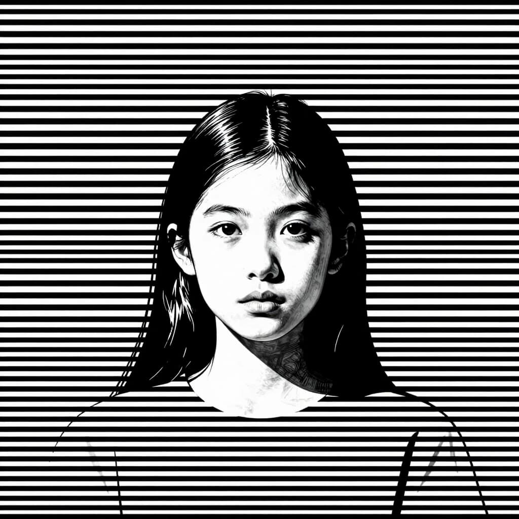 Abstract high-contrast black and white graphic design. A girl's beautiful face, viewed from directly in front, is positioned centrally and looking forward. The background is a dense field of parallel, uniform black and white horizontal lines. The girls face disrupts this order. The horizontal lines warp and curve intensely around the girls face, creating a powerful optical illusion of dynamic shape and three-dimensional form emerging from the two-dimensional grid. The lines become the girl. The line-flow creates a powerful sense of depth and a vertical funnel effect. Minimalist, surreal, precise op-art.
Steps: 8, CFG scale: 1, Sampler: Euler, Seed: 538586540, workflow: txt2img, width: 832, height: 1216, priority: low, quantity: 2, ecosystem: ZImageTurbo, Model type: Z-Image Turbo, Created Date: 2026-07-26T2013:31.5615604Z, outputFormat: jpeg
