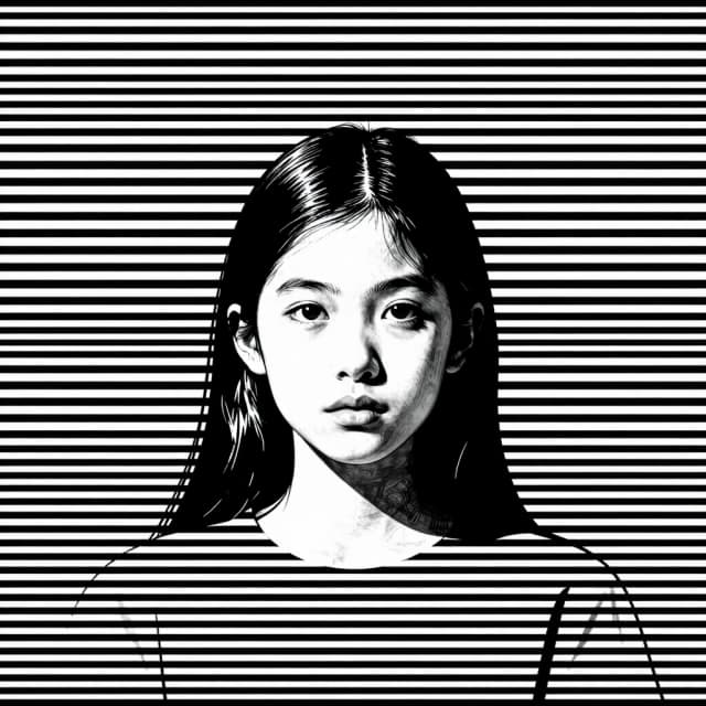 Abstract high-contrast black and white graphic design. A girl's beautiful face, viewed from directly in front, is positioned centrally and looking forward. The background is a dense field of parallel, uniform black and white horizontal lines. The girls face disrupts this order. The horizontal lines warp and curve intensely around the girls face, creating a powerful optical illusion of dynamic shape and three-dimensional form emerging from the two-dimensional grid. The lines become the girl. The line-flow creates a powerful sense of depth and a vertical funnel effect. Minimalist, surreal, precise op-art.
Steps: 8, CFG scale: 1, Sampler: Euler, Seed: 538586540, workflow: txt2img, width: 832, height: 1216, priority: low, quantity: 2, ecosystem: ZImageTurbo, Model type: Z-Image Turbo, Created Date: 2026-07-26T2013:31.5615604Z, outputFormat: jpeg