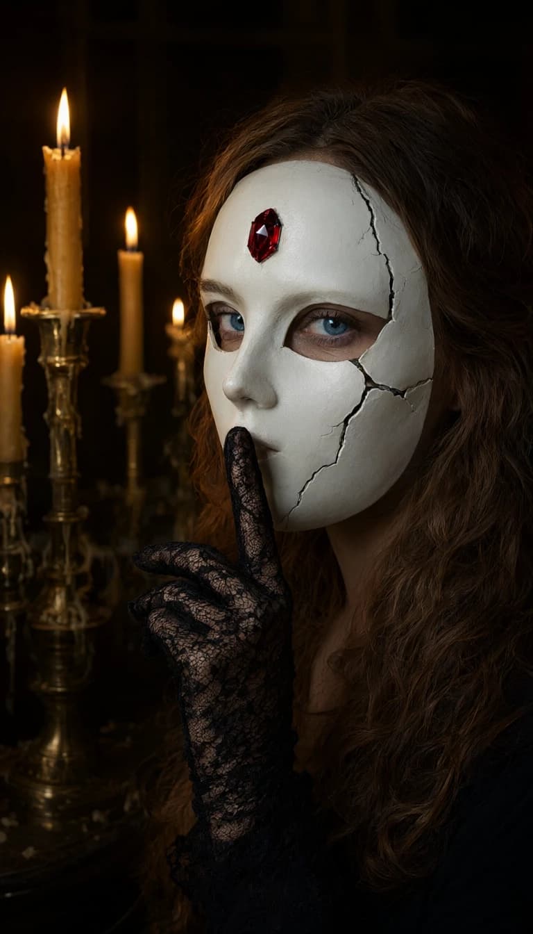 A close-up photograph of a woman wearing a porcelain mask. Her head is turned slightly to the side. Her piercing blue eyes are looking at the viewer. She has wavy brown hair. There is a forehead jewel in the mask. A large crack runs down the mask. The lighting is dark with deep shadows. There are candles in the background. With a lacy gloved hand she holds a finger over her mouth, shushing the viewer.