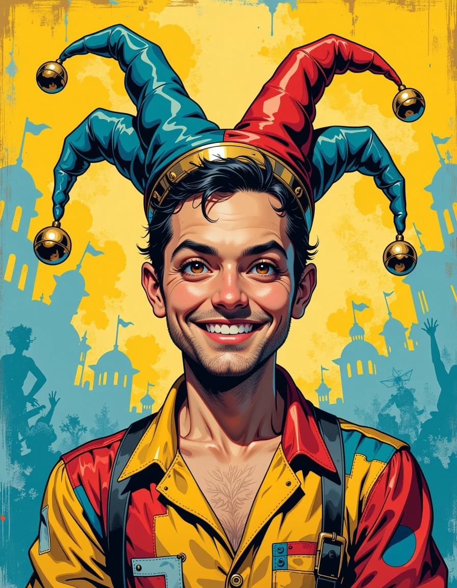A masterpiece,  in the style of the 1980s, with bold lines, dynamic strokes and rich textures, on background with a touch of nostalgia, perhaps with subtle drawings inspired by cellulose and vintage, worn textures similar to paper, oil painting, A portrait of Vero Buffone, a jovial character with a playful expression, rendered in a vibrant, slightly exaggerated illustrative style. The artwork emphasizes bold outlines and a rich, saturated color palette dominated by warm yellows, deep reds, and earthy browns. The composition is a medium shot, focusing on Vero's expressive face and shoulders, with a softly blurred background that hints at a lively, perhaps circus-like, environment. His skin is tanned, and his eyes sparkle with mischief. He wears a jester's cap adorned with bells, and his attire features patchwork fabrics in contrasting patterns. The overall aesthetic is cheerful and energetic, evoking a sense of fun and entertainment.