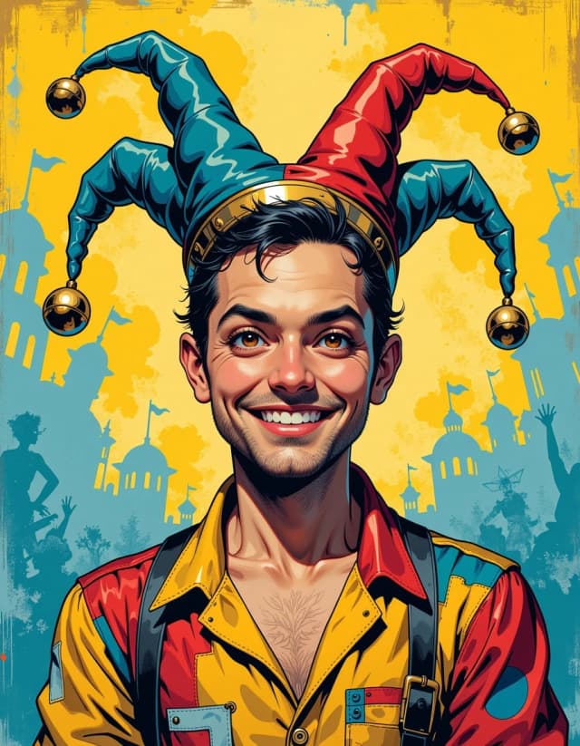 A masterpiece,  in the style of the 1980s, with bold lines, dynamic strokes and rich textures, on background with a touch of nostalgia, perhaps with subtle drawings inspired by cellulose and vintage, worn textures similar to paper, oil painting, A portrait of Vero Buffone, a jovial character with a playful expression, rendered in a vibrant, slightly exaggerated illustrative style. The artwork emphasizes bold outlines and a rich, saturated color palette dominated by warm yellows, deep reds, and earthy browns. The composition is a medium shot, focusing on Vero's expressive face and shoulders, with a softly blurred background that hints at a lively, perhaps circus-like, environment. His skin is tanned, and his eyes sparkle with mischief. He wears a jester's cap adorned with bells, and his attire features patchwork fabrics in contrasting patterns. The overall aesthetic is cheerful and energetic, evoking a sense of fun and entertainment.