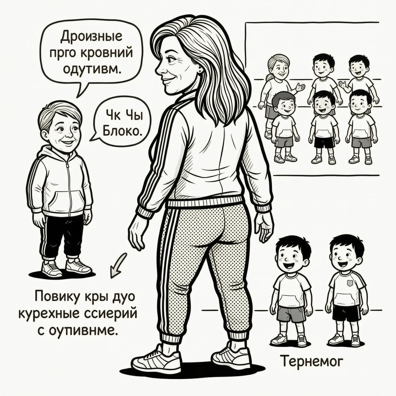 Референс персонажа - профиль, фас, 3/4, со спины. Стиль черно белый, линии рисунка и стилизация как в мультике про кота саймона и его хозяина. Персонаж женский 40 лет, волосы средней длинны, доброе лицо, в спортивном костюме - это тренер, который работает с детьми с аутизмом. Персонаж в будущем будет попадать во всякие курьезные ситуации на тренировке при работе с этими детьми. Юмор в пластике рук ног, чуточку широкий таз в отношении плечей и ног внизу.