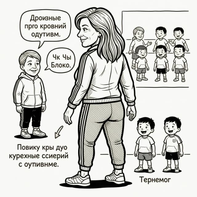Референс персонажа - профиль, фас, 3/4, со спины. Стиль черно белый, линии рисунка и стилизация как в мультике про кота саймона и его хозяина. Персонаж женский 40 лет, волосы средней длинны, доброе лицо, в спортивном костюме - это тренер, который работает с детьми с аутизмом. Персонаж в будущем будет попадать во всякие курьезные ситуации на тренировке при работе с этими детьми. Юмор в пластике рук ног, чуточку широкий таз в отношении плечей и ног внизу.