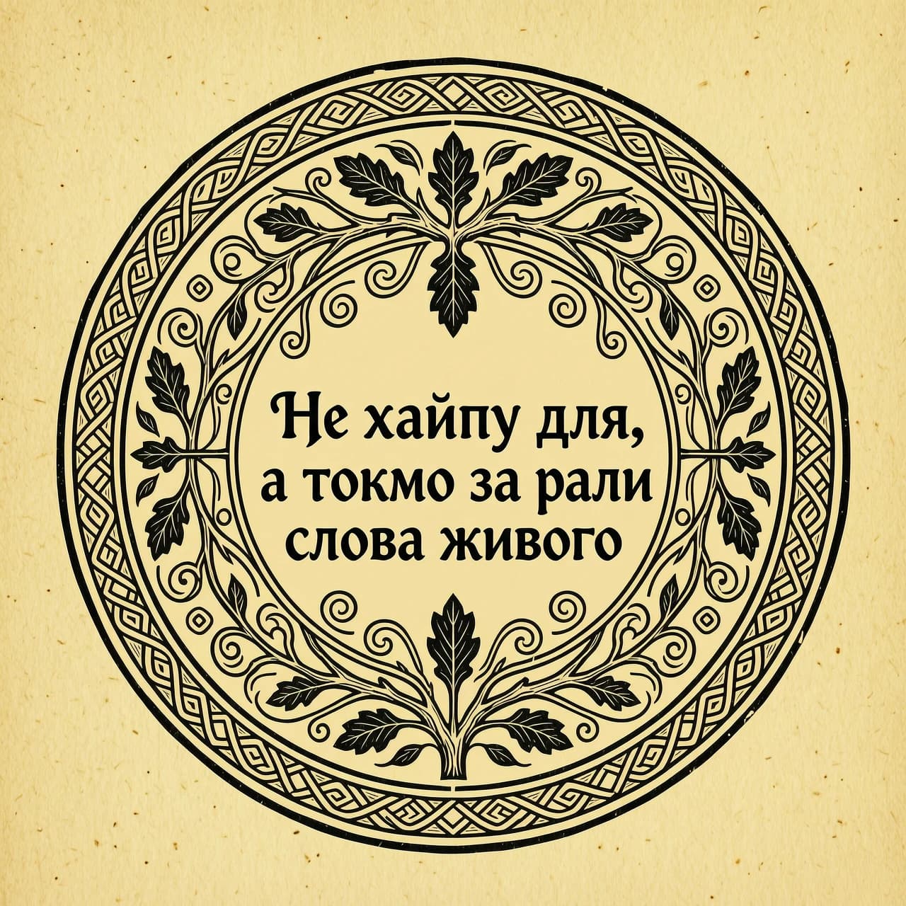 еще раз сгенерируй: Логотип для блога. Текст в центре: "Не хайпу для, а токмо за ради слова живого". Текст написан старославянской вязью или каллиграфическим шрифтом, расположен по кругу или в две строки. Вокруг текста — орнамент в стиле древнерусской гравюры: ветви дуба, переплетающиеся с чернильными линиями и старинными завитками. Фон — фактура крафтовой бумаги или пергамента. Цвета: только черный и белый (охра для фона). Стиль — строгая гравюра на дереве, резкие линии, никаких бликов и градиентов.
Важное условие: На изображении должен быть ТОЛЬКО указанный выше текст. Запрещено добавлять любые другие надписи, цифры, подписи, английские слова, посторонние буквы или символы. Никакого текста, кроме фразы "Не хайпу для, а токмо за ради слова живого". Внимательнее с буквами, не ошибайся