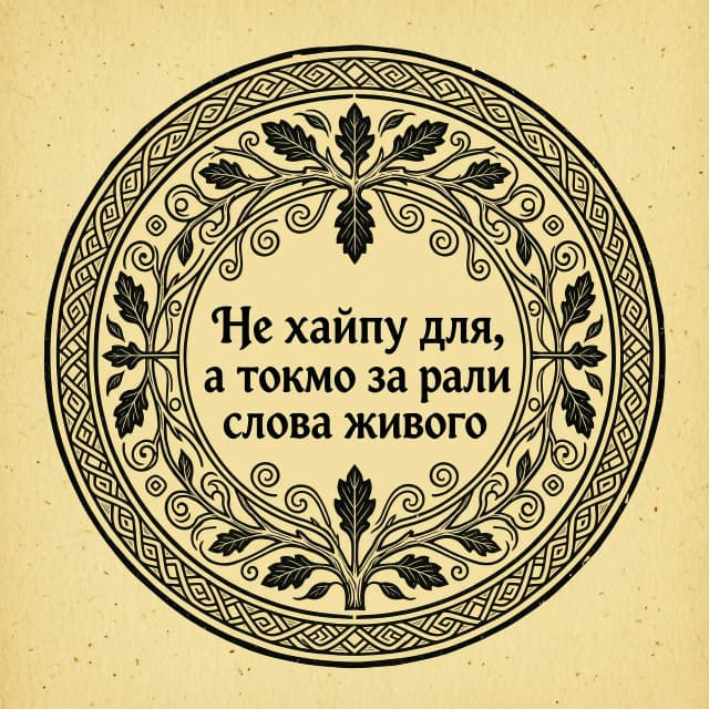 еще раз сгенерируй: Логотип для блога. Текст в центре: "Не хайпу для, а токмо за ради слова живого". Текст написан старославянской вязью или каллиграфическим шрифтом, расположен по кругу или в две строки. Вокруг текста — орнамент в стиле древнерусской гравюры: ветви дуба, переплетающиеся с чернильными линиями и старинными завитками. Фон — фактура крафтовой бумаги или пергамента. Цвета: только черный и белый (охра для фона). Стиль — строгая гравюра на дереве, резкие линии, никаких бликов и градиентов.
Важное условие: На изображении должен быть ТОЛЬКО указанный выше текст. Запрещено добавлять любые другие надписи, цифры, подписи, английские слова, посторонние буквы или символы. Никакого текста, кроме фразы "Не хайпу для, а токмо за ради слова живого". Внимательнее с буквами, не ошибайся