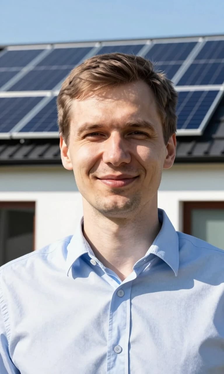 Close-up portrait of a professional renewable energy engineer, smart Russian man in his early 30s, intelligent look, friendly smile, wearing a neat casual shirt. In the background a modern house roof with shiny solar panels under clear blue sky, soft blurred. Realistic texture, bright natural daylight, photorealistic, highly detailed, 8k resolution.