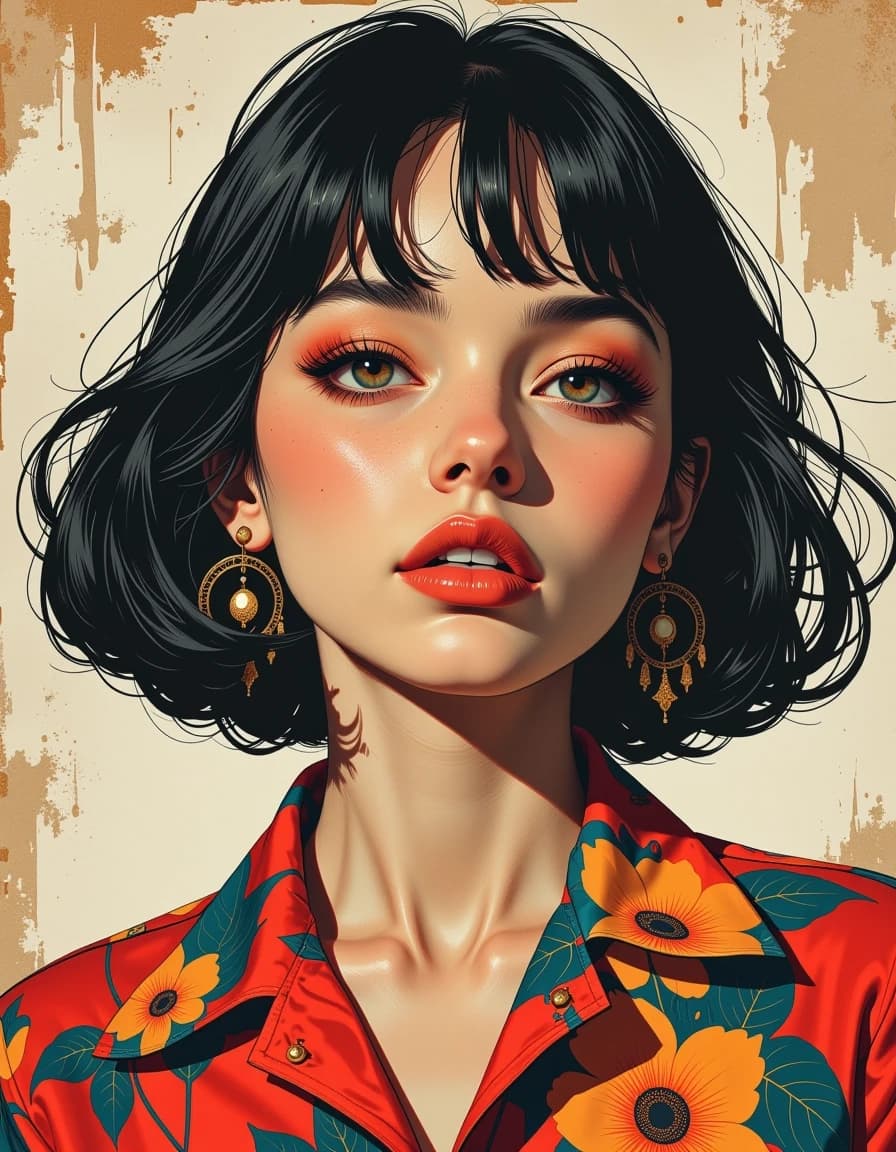 A masterpiece,  in the style of the 1980s, with bold lines, dynamic strokes and rich textures, on background with a touch of nostalgia, perhaps with subtle drawings inspired by cellulose and vintage, worn textures similar to paper,oil painting, Create a beautiful retro-style woman with a unique and distinctive look. Her outfit should reflect vintage fashionrocessing color correction