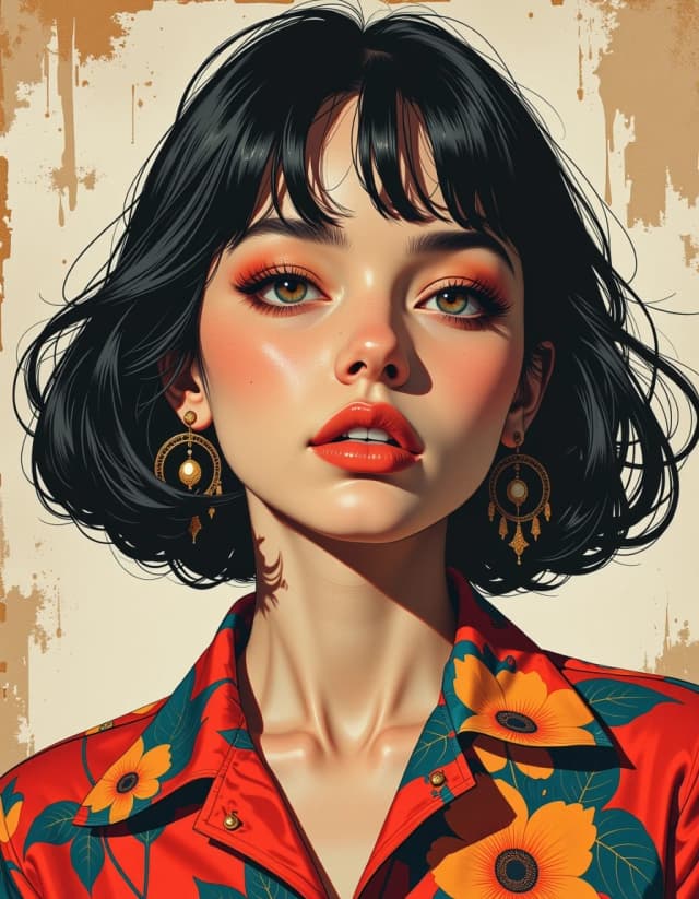 A masterpiece,  in the style of the 1980s, with bold lines, dynamic strokes and rich textures, on background with a touch of nostalgia, perhaps with subtle drawings inspired by cellulose and vintage, worn textures similar to paper,oil painting, Create a beautiful retro-style woman with a unique and distinctive look. Her outfit should reflect vintage fashionrocessing color correction