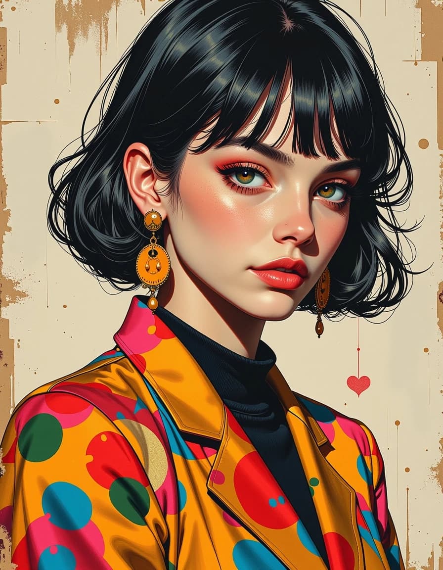 A masterpiece,  in the style of the 1980s, with bold lines, dynamic strokes and rich textures, on background with a touch of nostalgia, perhaps with subtle drawings inspired by cellulose and vintage, worn textures similar to paper,oil painting, Create a beautiful retro-style woman with a unique and distinctive look. Her outfit should reflect vintage fashionrocessing color correction