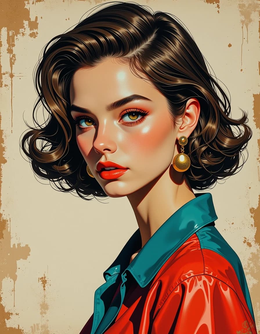 A masterpiece,  in the style of the 1980s, with bold lines, dynamic strokes and rich textures, on background with a touch of nostalgia, perhaps with subtle drawings inspired by cellulose and vintage, worn textures similar to paper,oil painting, Create a beautiful retro-style woman with a unique and distinctive look. Her outfit should reflect vintage fashionrocessing color correction