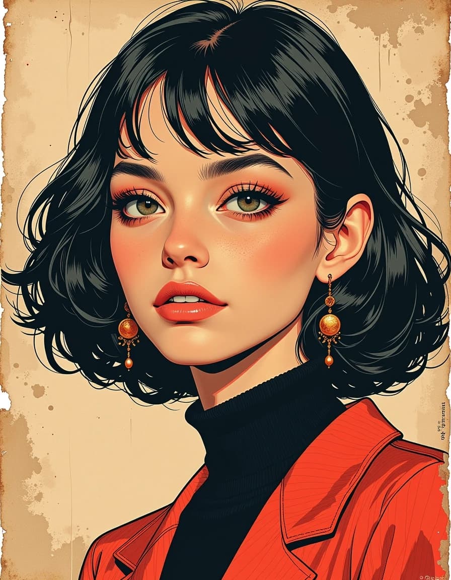 A masterpiece,  in the style of the 1980s, with bold lines, dynamic strokes and rich textures, on background with a touch of nostalgia, perhaps with subtle drawings inspired by cellulose and vintage, worn textures similar to paper,oil painting, Create a beautiful retro-style woman with a unique and distinctive look. Her outfit should reflect vintage fashionrocessing color correction