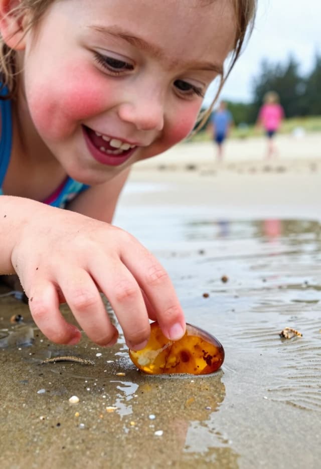 Hyper-realistic close-up photograph, 85mm lens, f/2.8, natural daylight: a happy little girl’s face fills the frame — her eyes are wide with delight, cheeks flushed, a spontaneous smile showing a missing front tooth. She’s reaching forward with her right hand, fingers almost touching a small piece of sea‑polished amber resting on the damp sand. The amber is warm honey‑gold with subtle internal inclusions, catching the light; its texture is smooth from years in the surf. The foreground sand is richly detailed: fine grains, tiny shell fragments, and delicate ripple patterns left by the receding tide. In the very shallow background, the beach stretches out softly blurred, with indistinct figures walking along the shore and a line of green trees in the distance. The lighting is bright but gentle, with soft shadows that emphasize the textures of skin, sand, and stone. The mood is pure, innocent joy — a perfect moment of discovery.
Keywords: happy child, amber on the beach, coastal discovery, wet sand textures, close-up emotion, natural daylight, hyper-realistic detail, seaside treasure hunt.