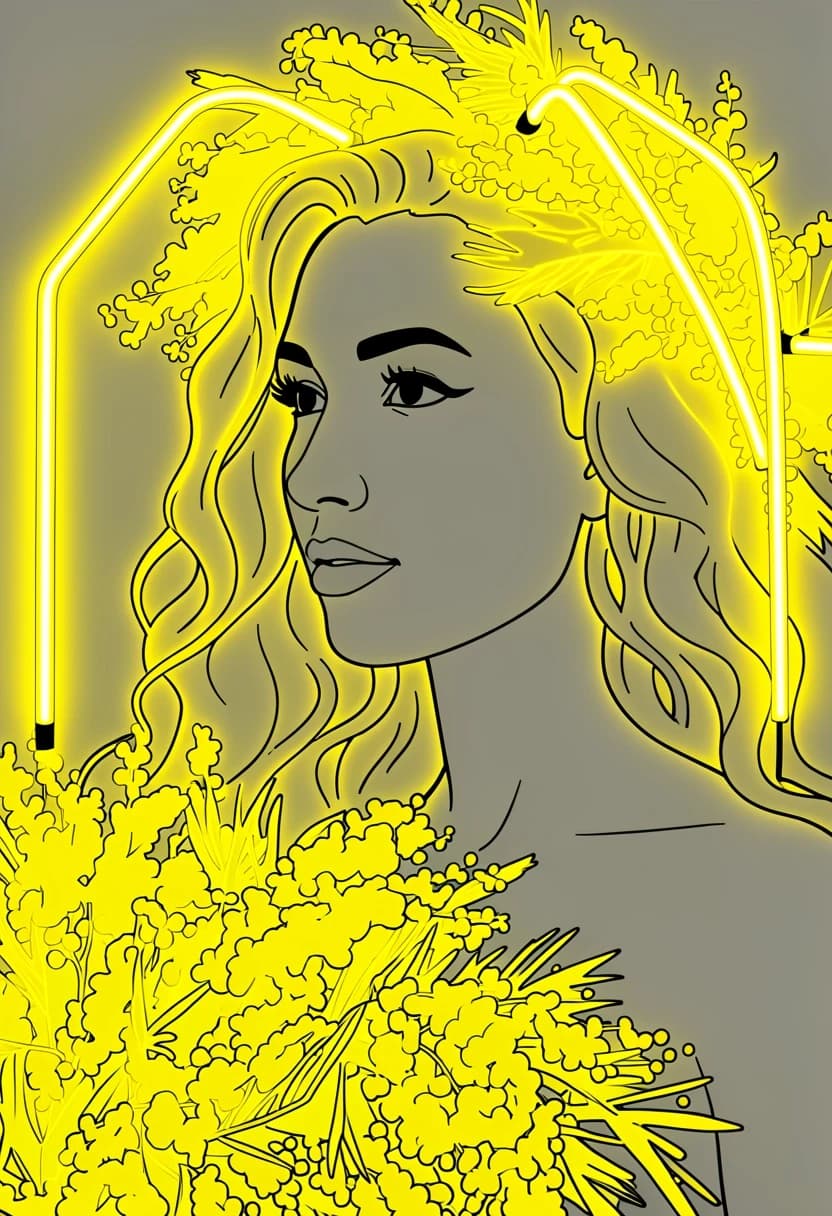 Thick continuous flexible LED neon light tubes attached on top of the flowers. Long smooth geometric neon wire paths, bold outlines, minimal small dots, simplified design for CNC router engraving template, intense bright yellow neon glow, clean vector-like edges, solid lines