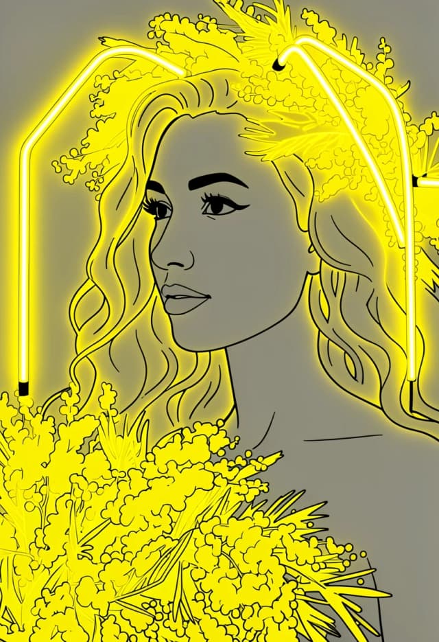Thick continuous flexible LED neon light tubes attached on top of the flowers. Long smooth geometric neon wire paths, bold outlines, minimal small dots, simplified design for CNC router engraving template, intense bright yellow neon glow, clean vector-like edges, solid lines