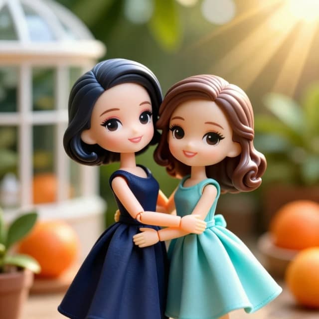 Профессиональное реалистичное макро-фото в стиле tilt-shift, глубокое размытие фона боке. Две высококлассные роскошные коллекционные виниловые куклы в стиле Smart Doll с утонченными аниме-чертами лица, изысканным макияжем и высокодетализированными выразительными глазами с глубокими бликами. Слева: женщина с теплой доброй улыбкой, у нее аккуратная короткая стрижка каре с темными волосами, одета в элегантное темно синее платье. Справа: молодая девушка с лучезарной радостной улыбкой, у нее волнистые каштановые волосы средней длины по плечи, она одета в нежное бирюзовое платье. Они стоят обнявшись в эстетичной обстановке. На фоне — мягко размытая сочная зеленая оранжерея, сквозь листья пробиваются теплые золотые солнечные лучи, создавая волшебную, уютную и солнечную атмосферу, высокое разрешение.