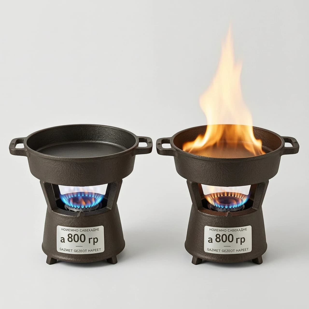 two identical cast iron colored vessels with flat bottoms on a white background, the first is heated from below by a gas burner, the second has no gas and is heated to 800 degrees, with flame coming out of it