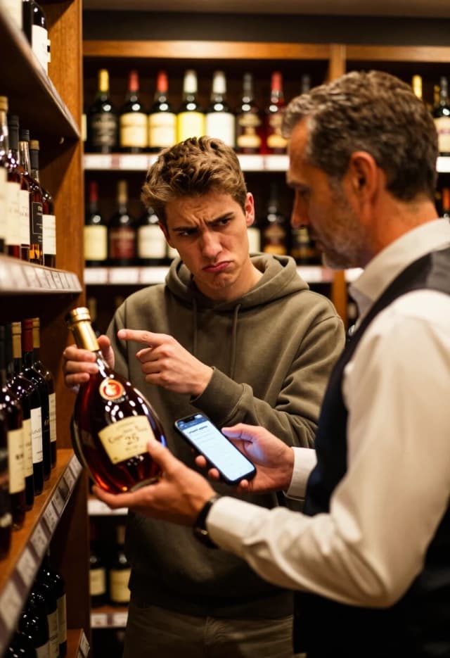 Photorealistic, 8K, cinematic lighting, shallow depth of field. A dimly lit, upscale liquor store with warm amber lighting. In the center, a young man in a casual hoodie points at a bottle of vintage cognac on a wooden shelf, frowning and saying something dismissive. Next to him, a middle‑aged sommelier in a crisp white shirt and black vest holds the same bottle gently, looking at the young man with a mix of patience and mild exasperation. The label on the bottle is clearly visible: “Cognac XO, 25 Years Old”. Behind them, rows of bottles glow softly in the background. The young man’s phone screen shows a search result with the text “просроченный коньяк” — the irony is obvious. The focus is on the two faces and the bottle; the background is softly blurred. Mood: humorous, relatable, slightly educational. No text overlays except what’s naturally on the bottle and phone screen.