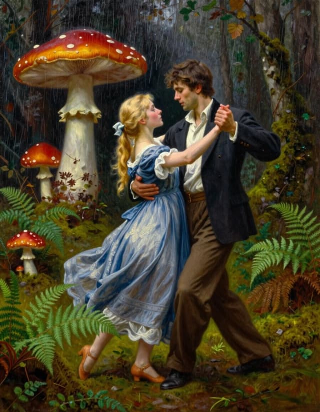 A masterpiece. Creating an image. Style - oil painting. ((A secluded forest glade among ferns and moss, in the foreground a beautiful blonde girl and a handsome young man are dancing together, holding hands, waltzing under a warm mushroom rain:1.6)). High resolution. High detail and clear texture. Close-up. High quality. Increased attention to small details. The aspect ratio is 3:4. The artists are Levitan, Shishkin.