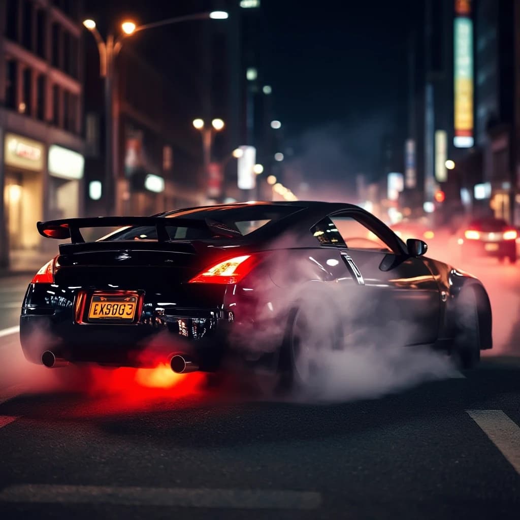 Nissan 350z делает бернаут на главной улице в ночном городе, тормоза раскалились, вид сзади, из колес идет дым