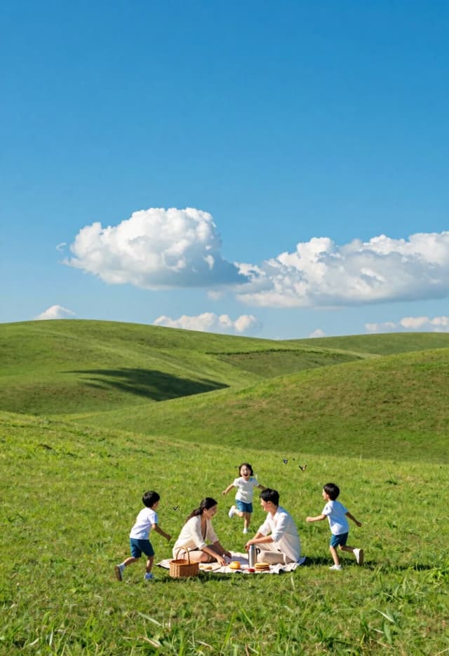 Hyper-realistic landscape, 8K, high-angle shot of a rolling green meadow under a vast, cloudless blue sky. A few fluffy cumulus clouds hover in the distance, their shadows gently moving across the hills. In the foreground, a family of four is having a picnic: the parents are spreading out a blanket, while the two children run around, chasing butterflies and laughing. A wicker basket, a thermos, and some sandwiches are visible on the blanket. The grass is a rich, saturated green, and the sunlight is bright but not harsh, creating soft highlights and deep shadows. The composition emphasizes the openness of the sky and the sense of freedom and joy in a simple outdoor moment.