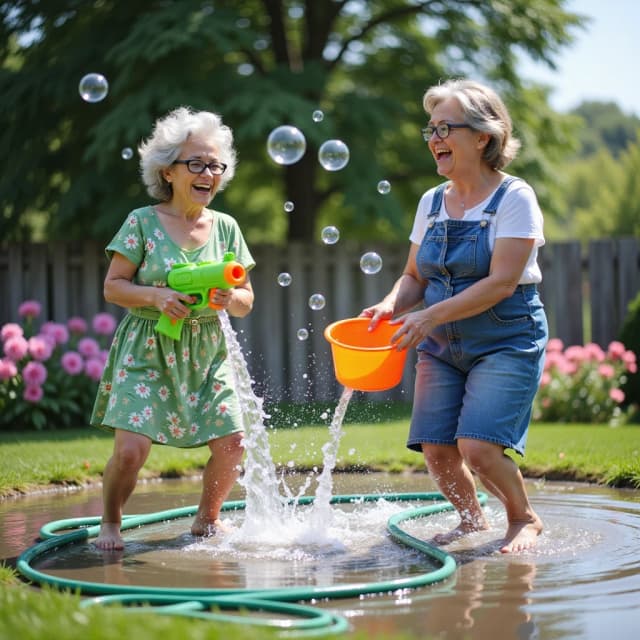 Close-up, two laughing elderly women with gray hair and glasses, barefoot, playing water games in a garden on a bright sunny day. One woman in a green floral dress holds a large bright green water gun and shoots water. The second woman in blue denim overalls, an apron, and with an orange bucket in her hand cheerfully dodges and jumps into a puddle. Large splashes of water are frozen in the air, transparent bubbles and water balloons fly around. A green garden hose is intertwined on the ground. The background is a blurred green garden with pink flowers, a wooden fence. Bright lighting, atmosphere of joy and carefree childhood. Style: photorealistic 3D illustration, glossy water texture, high detail, cinematic light.