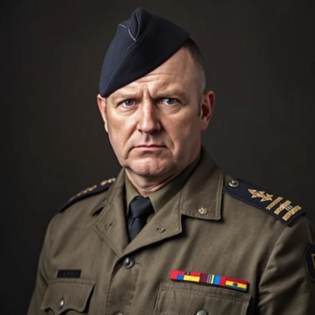 professional portrait of middle aged impudent but cowardly ukrainian lieutenant in NATO uniform.