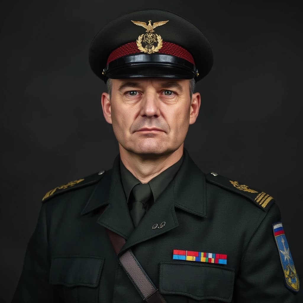 professional portrait of middle aged impudent but cowardly ukrainian lieutenant in NATO uniform.
