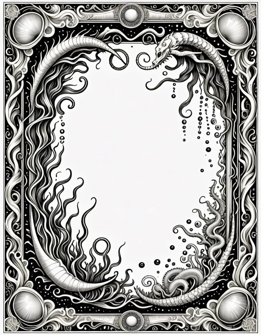 An elegant decorative frame for a fantasy book dictionary of an ancient underwater civilization. Pure white background. Fine black ink engraving, vintage scientific-book illustration style. A thin rectangular ornamental frame made of flowing seaweed, delicate shells, small marine dragons, tiny crystals and subtle ocean waves. The corners contain graceful curled dragon tails and shell motifs. Small geometric symbols inspired by an ancient underwater writing system are integrated naturally into the ornament. Refined, symmetrical, airy composition, thin clean lines, black ink only, no gray fills, no color, no text, no letters, no background texture, suitable for a printed book page.