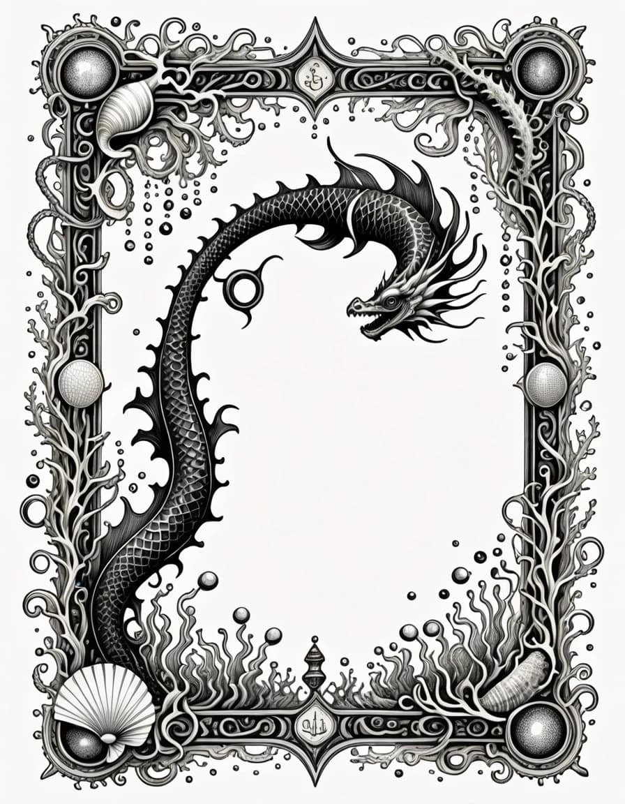 An elegant decorative frame for a fantasy book dictionary of an ancient underwater civilization. Pure white background. Fine black ink engraving, vintage scientific-book illustration style. A thin rectangular ornamental frame made of flowing seaweed, delicate shells, small marine dragons, tiny crystals and subtle ocean waves. The corners contain graceful curled dragon tails and shell motifs. Small geometric symbols inspired by an ancient underwater writing system are integrated naturally into the ornament. Refined, symmetrical, airy composition, thin clean lines, black ink only, no gray fills, no color, no text, no letters, no background texture, suitable for a printed book page.