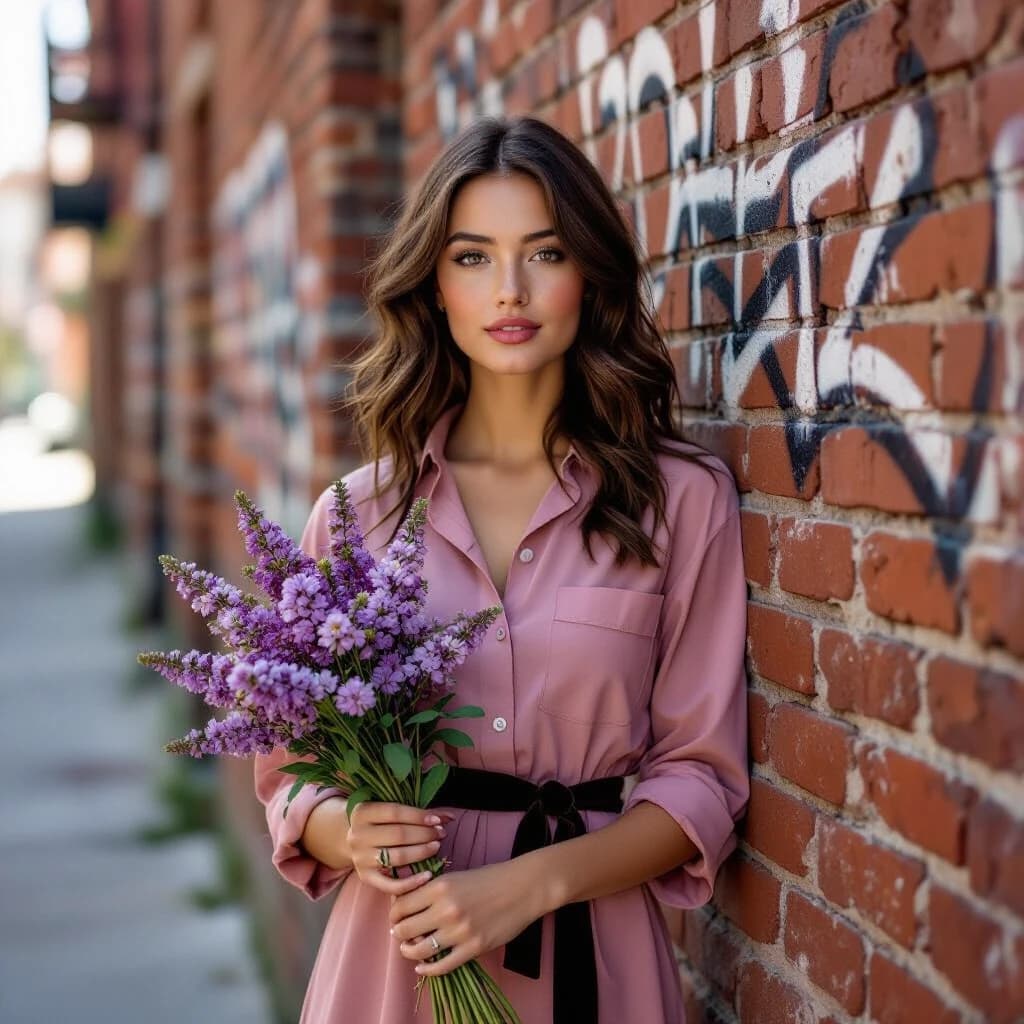 A young woman with wavy dark brown hair and freckles stands against an old brick wall on a narrow city alley. She wears a dusty pink shirtdress with an asymmetrical hem and a black velvet belt; the sleeves are rolled up to the elbows. She holds a carelessly arranged bouquet of buddleia, a few sprigs slightly fallen. She doesn't look at the camera, but gazes thoughtfully at the graffiti on the wall, as if remembering something. The photo was taken on 35mm film, in warm daylight, with a slight grain, crisp textures of brick and fabric, and a medium depth of field: the figure is in focus, the edges of the frame are slightly softer.