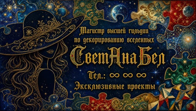 Представьте себе визитную карточку редкой профессии. Расположите гармонично строки текста. Шрифт на русском языке с засечками, представляет из себя фигурное произведение искусства, сочетающее в себе гармонию средневекового готического шрифта с эстетикой стиля Палех. Буквы читаются отлично, каждая выделена золотистой обводкой. 
Текст 1-й строки: «Магистр высшей гильдии по декорированию вселенных».
Текст 2-й строки: «СветАнаБел».
Текст 3-й строки: «Тел.: ∞ ∞ ∞».
Текст 4-й строки: «Эксклюзивные проекты».
В левой стороне визитной карточки изображение силуэта привлекательной женщины с длинными вьющимися волосами в элегантной шляпе, приспущенной на глаза, виден лишь контур красивых губ с таинственной лёгкой улыбкой; изображение выполнено тонкой золотистой линией.
Фон: Ярко-синий с серебристыми блёстками космос с яркими астрономическими звёздами и планетами, состоящий из крупных пазлов. Каждый пазл имеет разный цвет и стиль изображения декора. Например, один пазл в стиле рококо, другой пазл в стиле модерн, третий пазл в стиле барокко, четвёртый пазл в стиле пуантилизм, пятый пазл в стиле кубизм и так далее. При этом пазлы составляют гармоничную композицию фона визитной карточки. Включите яркие алые и изумрудные акценты. Высокая детализация, 8К.