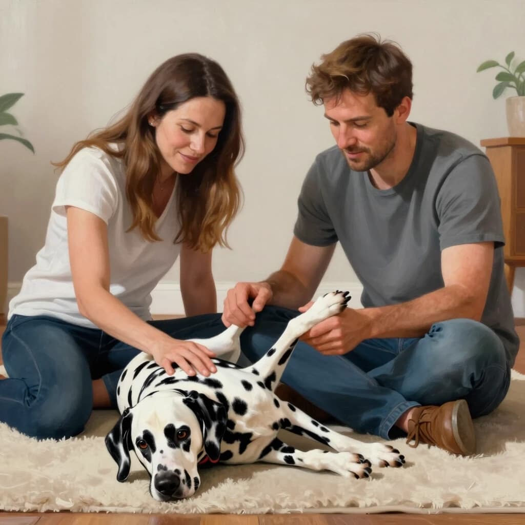 Realistic painting of a family couple saying goodbye to a Dalmatian dog. The woman and man are sitting on the floor. One old dog lies on a rug. The woman is petting the dog, the man is holding both of the dog's front paws with his hands.