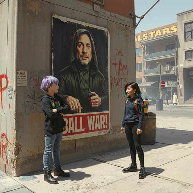 Cinematic sci-fi concept art. On a dusty concrete street corner of a Lothal city, a 16-year-old girl with bright purple hair and a black hoodie is standing next to a wall. On the wall is a large, heavily defaced futuristic propaganda poster: the central figure on the poster has been humorously repainted to look like a scruffy, ragged rat wearing a dark hooded robe on a throne. Standing a few steps away, Sabine Wren with her colorful hair is watching the girl with a wide, impressed and amused smile, holding a spray paint can. Gritty realistic style, weathered textures, dusty sunny daylight of Lothal, 1980s space adventure cinema aesthetic, high detail.