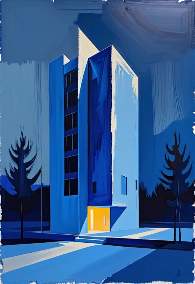 In the style of Malcolm T. Leipke
on a blue background,
night landscape, modern architectural landscape, angular, nervous brushstrokes, on a rough background, pastel, unfinished study
minimalism
