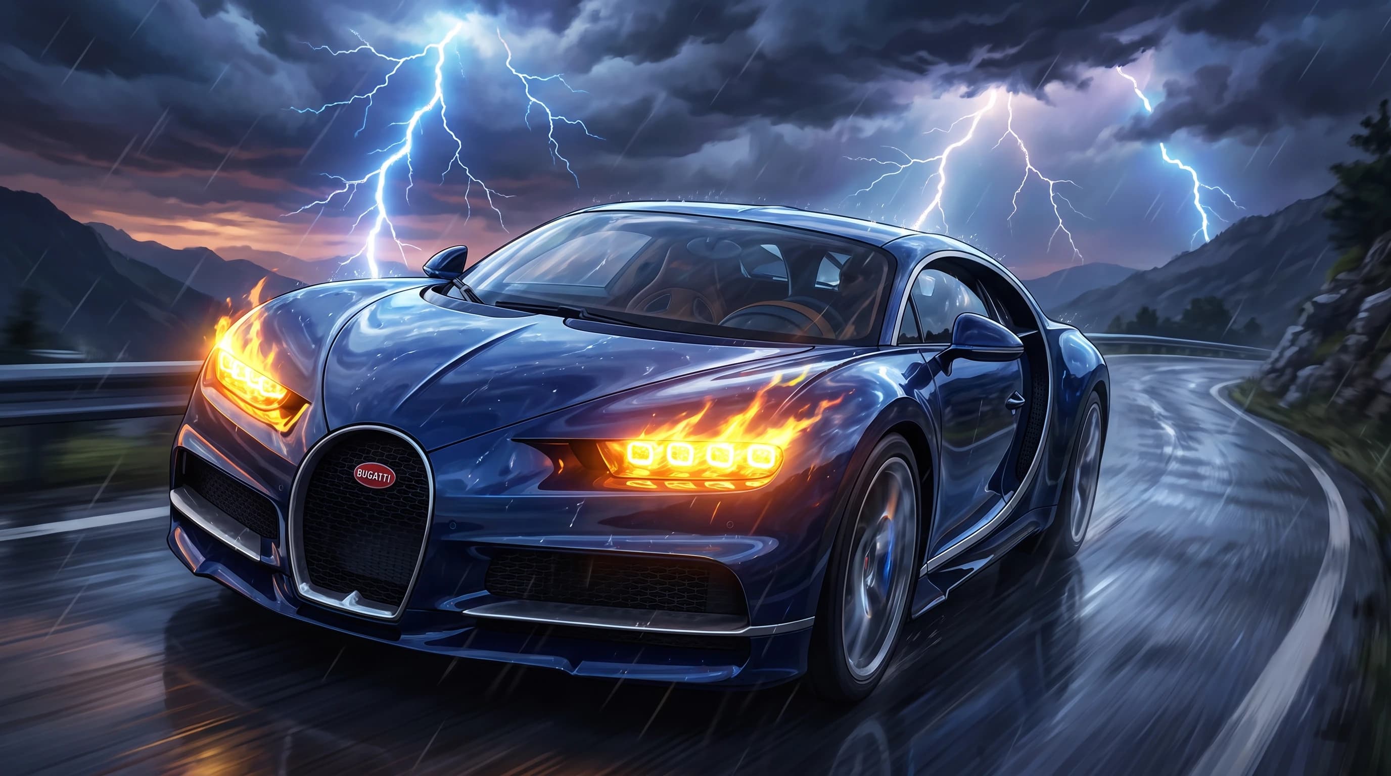 Bugatti Chiron, едет по дороге, эпичный ракурс, горящие фары, на фоне молнии, шедевр, крупный план, стиль аниме с реалистичными деталями