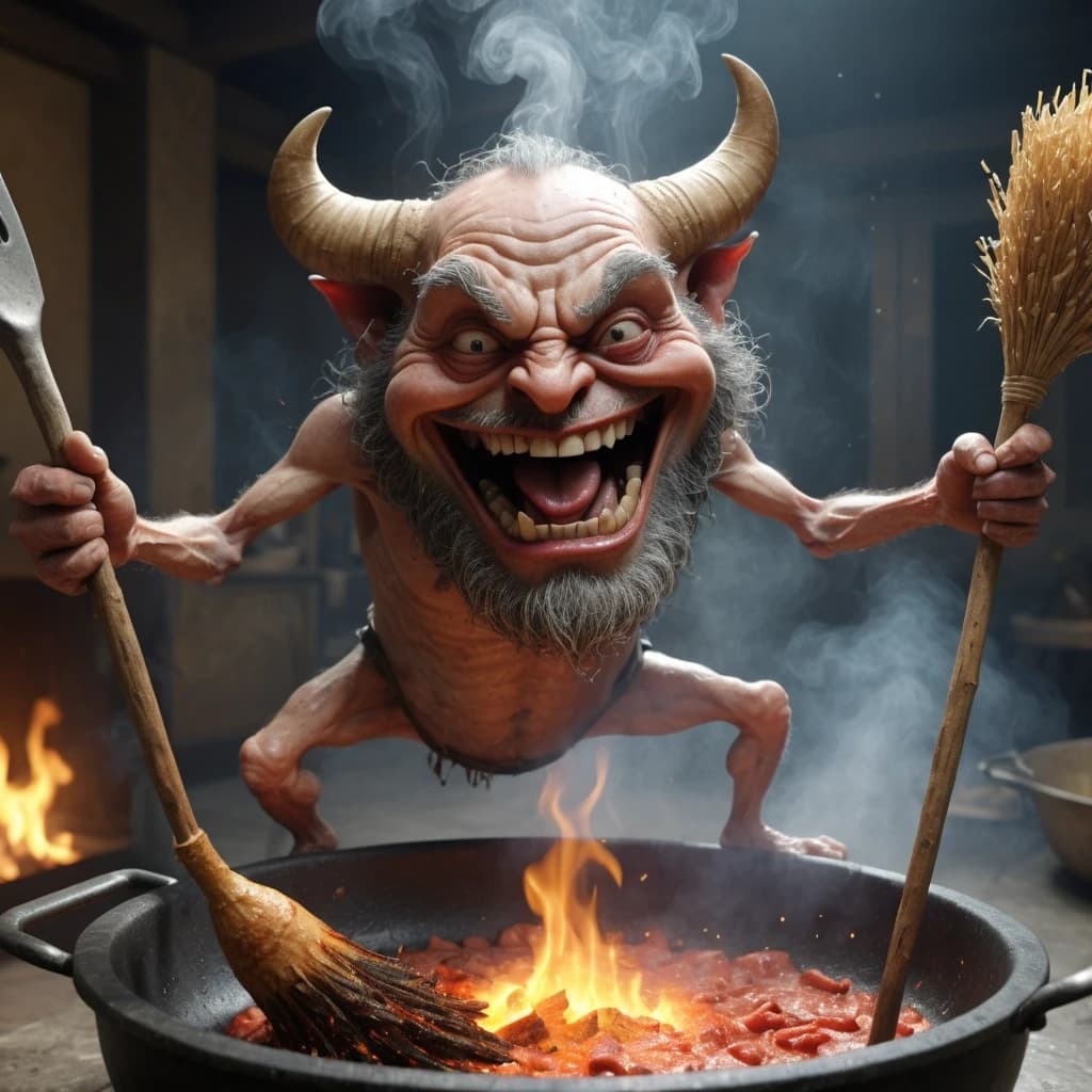 In the style of Jean Baptiste Monge, caricature grotesque humor, devils frying a sinner on a giant frying pan in hell, and the sinner is happily steaming himself with a birch venik broom as if in a banya, funny absurd scene, 4K ultra detailed, hyperrealistic photorealistic not cartoon, ultra dynamic constant motion no static, hyperdetailed 8K masterpiece, devils poking with pitchforks, flames and smoke, sinner relaxed with birch broom, comical expression, cinematic lighting, clear sharp image of whole scene, smooth fluid motion, perfect anatomy no extra limbs no distortion, humorous joyful mood, no negativity