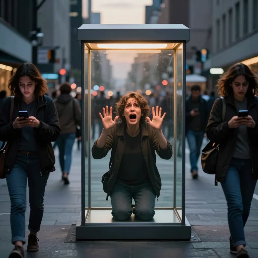 Cinematic photorealistic wide shot of a busy city street at dusk, with blurred crowds of people walking by, all looking at their phones or straight ahead. In the center of the frame, a solitary person is trapped inside a large, transparent, soundproof glass box. They are pressing both palms against the glass, mouth open in a silent scream, eyes filled with desperation and loneliness. No one outside seems to notice or hear them. The glass box symbolizes isolation and the inability to ask for help. The atmosphere is emotional, melancholic, and powerful. Photorealistic, dramatic chiaroscuro, contrast between the warm light inside the box and the cold outside, philosophical, 8k, shallow depth of field, 4:5 aspect ratio.