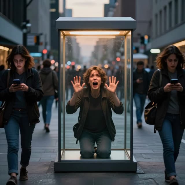 Cinematic photorealistic wide shot of a busy city street at dusk, with blurred crowds of people walking by, all looking at their phones or straight ahead. In the center of the frame, a solitary person is trapped inside a large, transparent, soundproof glass box. They are pressing both palms against the glass, mouth open in a silent scream, eyes filled with desperation and loneliness. No one outside seems to notice or hear them. The glass box symbolizes isolation and the inability to ask for help. The atmosphere is emotional, melancholic, and powerful. Photorealistic, dramatic chiaroscuro, contrast between the warm light inside the box and the cold outside, philosophical, 8k, shallow depth of field, 4:5 aspect ratio.