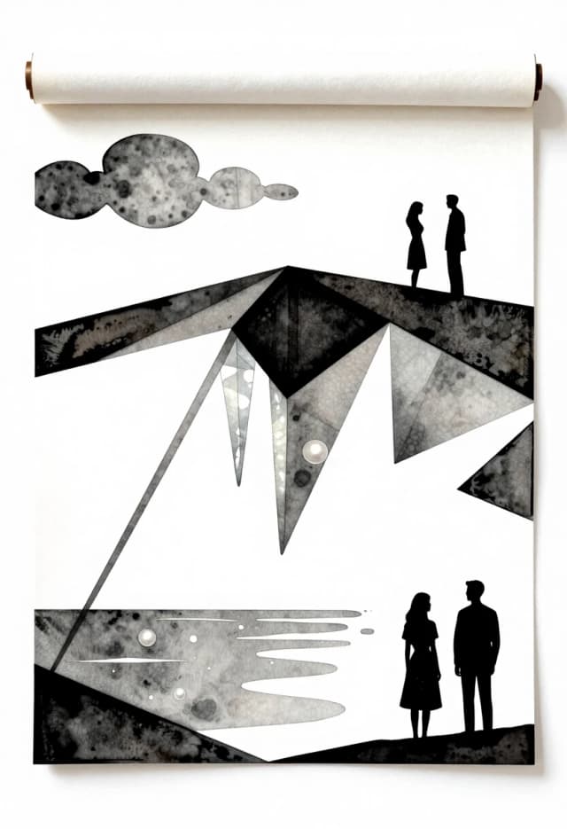 A polygonal pattern on canvas, a scroll, angular bold lines, stencil watercolor, a high plateau with translucent stalagmites, a pearl-gray sea below, clouds, and silhouettes of a woman and a man, a minimalist palette.