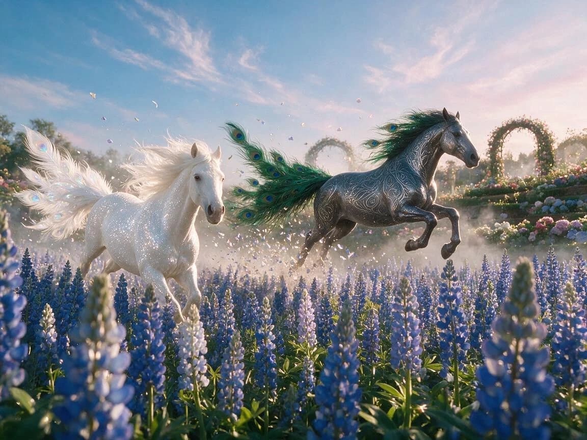 Fantasy scene: two magical horses gallop across an endless field, densely overgrown with tall blue lupines. On the left is a purebred white horse: its coat shines as if covered with the finest diamond dust; its tail is like a white peacock's: long, airy feathers with mother—of-pearl opalescent iridescences gently flutter in motion. On the right is a horse with a skin painted with a pattern of peacock feathers: on the dark silver skin there are thin filigree lines repeating the peacock ornament.; his tail is emerald green, with characteristic "eyes" of a deep sapphire hue, it flows behind the horse like a silk train.
The composition is a dynamic middle ground with a light angle from below: the viewer seems to be standing in the lupines and watching the horses rush past. The white horse is slightly in front and to the left, its head is slightly turned towards the viewer — expressive eyes and delicate features of the muzzle are visible. The second horse is slightly behind and to the right, at the moment of the jump: the front legs are raised, the muscles are tense, the tail is effectively extended in an arc. Between the horses is a flight of crumbling petals and light flower seeds, illuminated by oblique sunlight.
Background: behind the field of lupines there is a wonderful flower garden: terraces with lush peonies, hydrangeas and convolvulus, in the distance there are openwork arches covered with climbing roses and a light mist rising from the ground. The sky is pale pink on the horizon, above it is azure, with thin cirrus clouds. The lighting is warm sunset light: the rays fall from the side, emphasizing the texture of wool, the shine of feathers and the transparency of the petals; golden highlights on the lupines, light haze and sparkling particles in the air, as if magic settles in the air.
The atmosphere is romantic, magical, filled with a sense of wonder. The style is fantasy hyperrealism: maximum detail (from individual hairs on the mane to the microtexture of peacock "eyes"), cinematic framing, saturated but harmonious colors, smooth transitions of tones. The resolution is 8K, without text or labels, and the depth of field is highly detailed: the horses are in focus, the background is gently blurred.