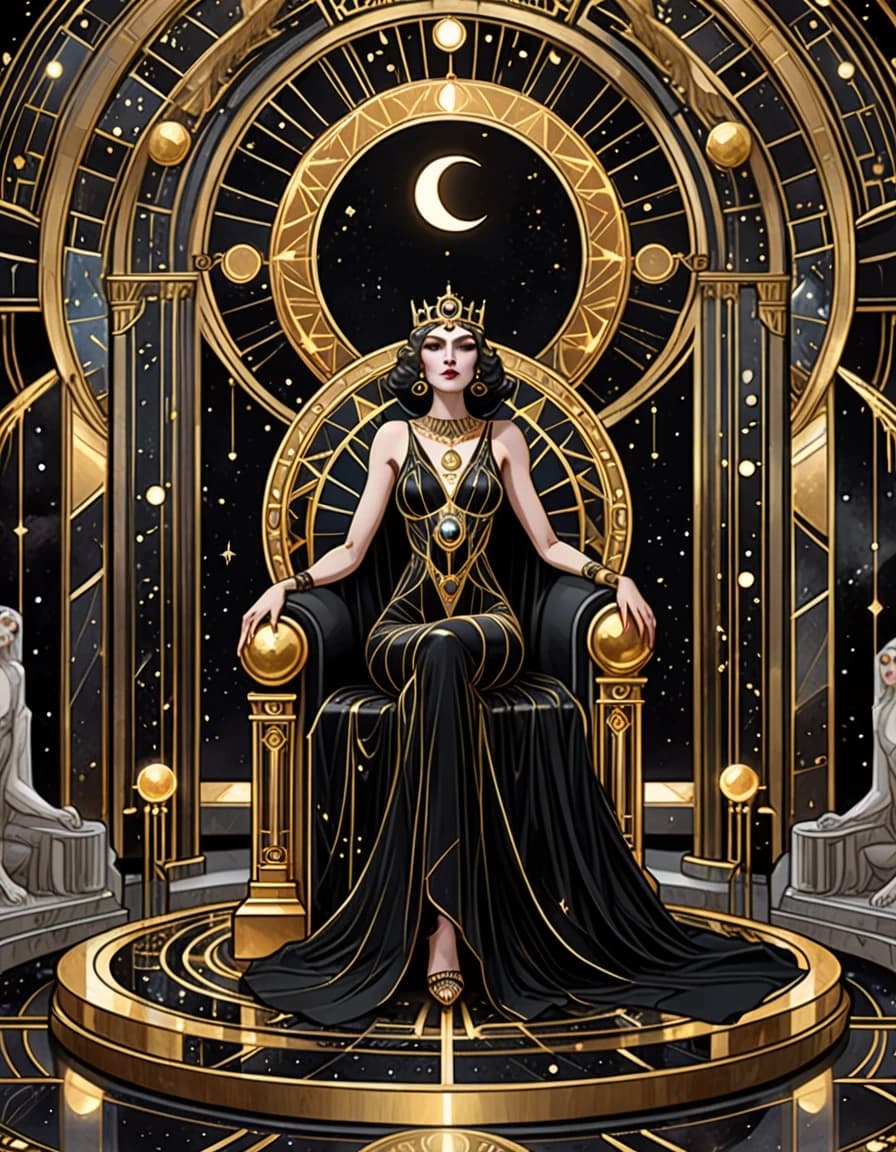 A mysterious woman in a luxurious black Art Deco gown sits on a tall golden throne inside an occult palace. She wears an elegant golden crescent-moon tiara. Around her are symmetrical geometric patterns, black marble columns, golden mirrors and glowing crystal spheres. Behind her is a huge circular stained-glass window depicting the moon and constellations. Ancient Tarot cards rest at her feet. Intricate golden lines form mystical sacred geometry around her figure. Luxurious occult Art Deco aesthetic, deep black, gold and emerald tones, mysterious atmosphere, cinematic lighting, incredibly detailed, vertical poster.